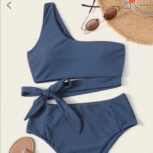 One Shoulder Navy Blue Bikini Set
